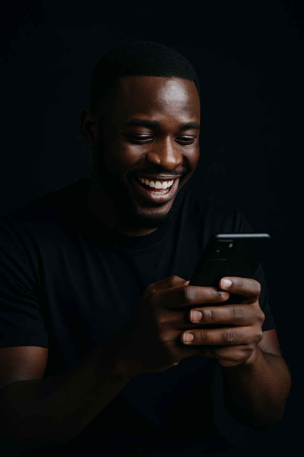 Happy person using ABLX Trade app on smartphone